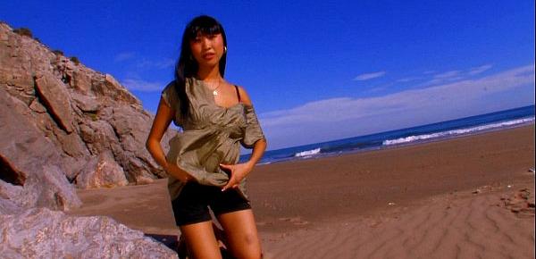  Hot asian Pornstar Sharon Lee stripping at the beach